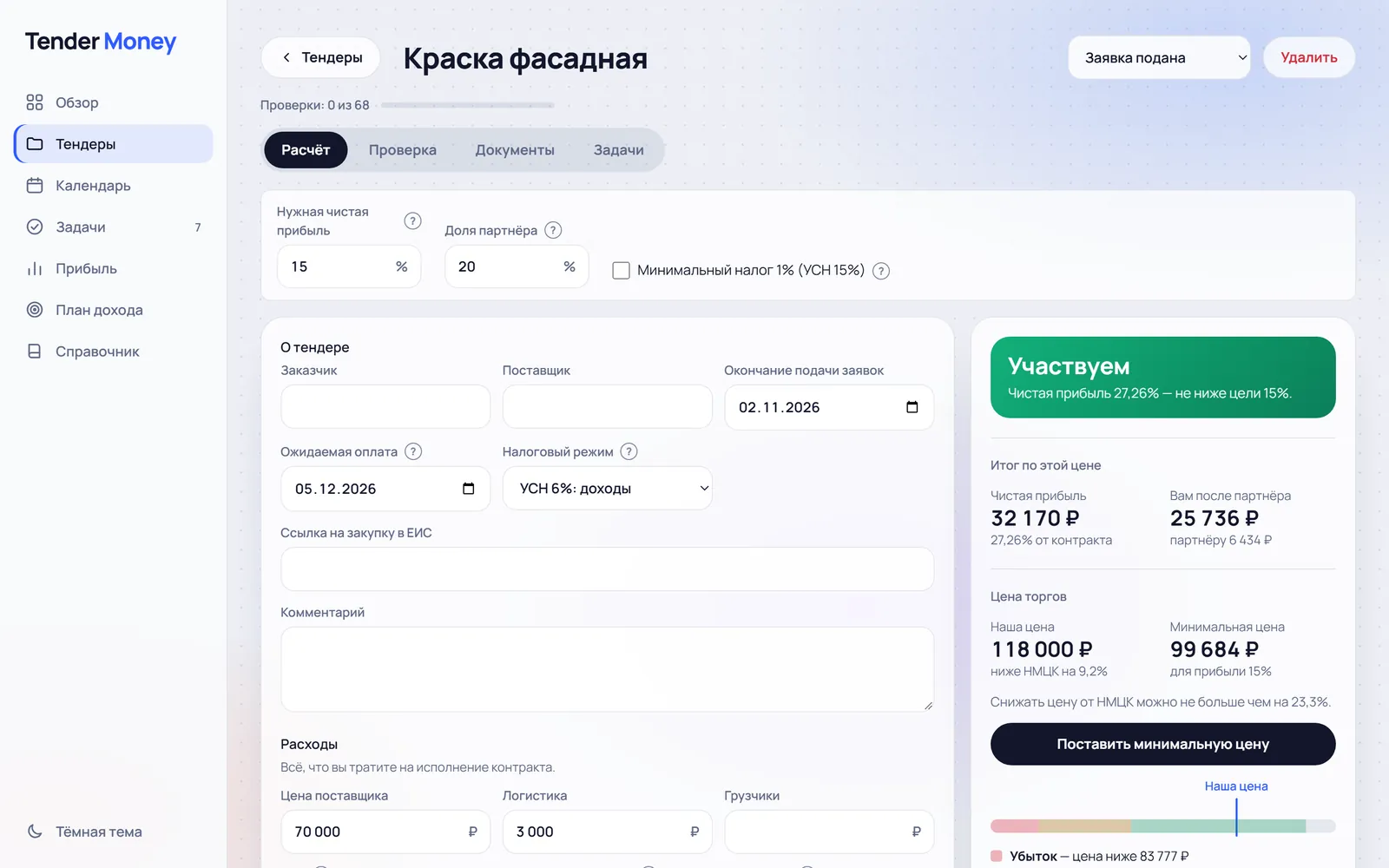 Калькулятор тендера: вердикт «Участвуем», чистая прибыль и минимальная цена